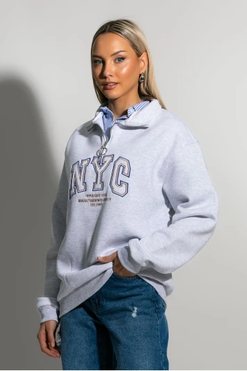 Μπλούζα φούτερ με φερμουάρ και στάμπα nyc ανθρακί
