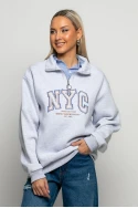 Μπλούζα φούτερ με φερμουάρ και στάμπα nyc γκρι μελάνζ Μπλούζα φούτερ με φερμουάρ και στάμπα nyc γκρι μελάνζ