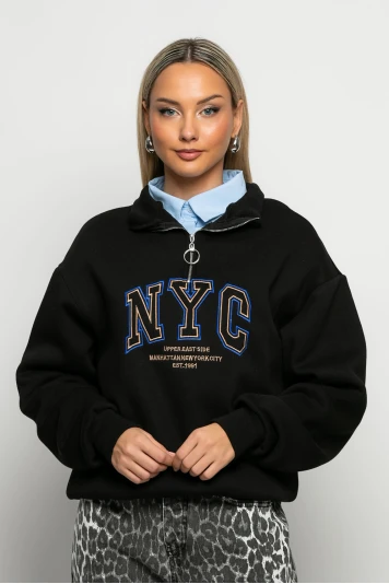 Μπλούζα φούτερ με φερμουάρ και στάμπα nyc ανθρακί