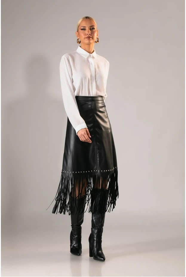 Φούστα μίντι δερματίνη με τρούκς και κρόσια μαύρο 