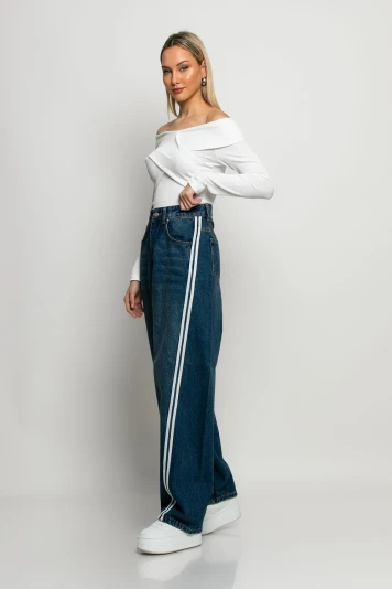 Baggy jean wide leg με λοξές ρίγες στο πλάι μπλε