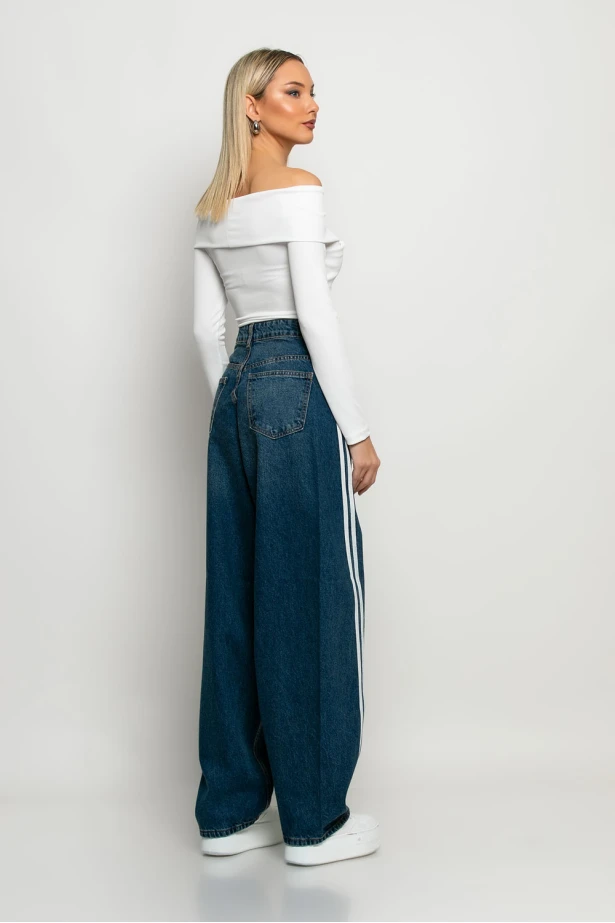 Baggy jean wide leg με λοξές ρίγες στο πλάι μπλε Baggy jean wide leg με λοξές ρίγες στο πλάι μπλε