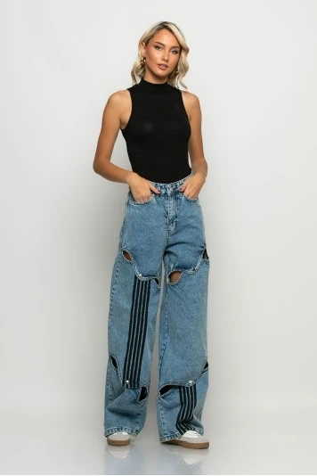 Jean loose fit wide leg με ανοίγματα μπλε