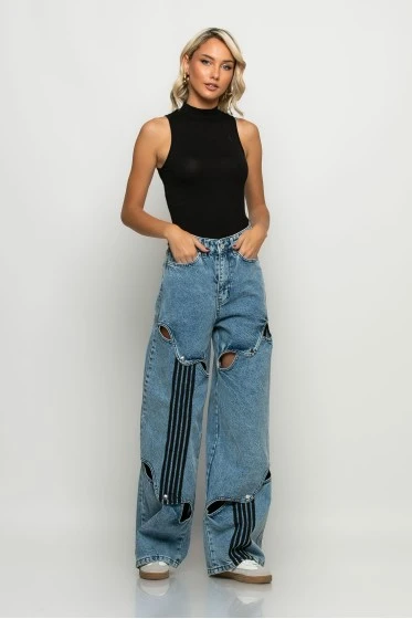Jean loose fit wide leg με ανοίγματα μπλε