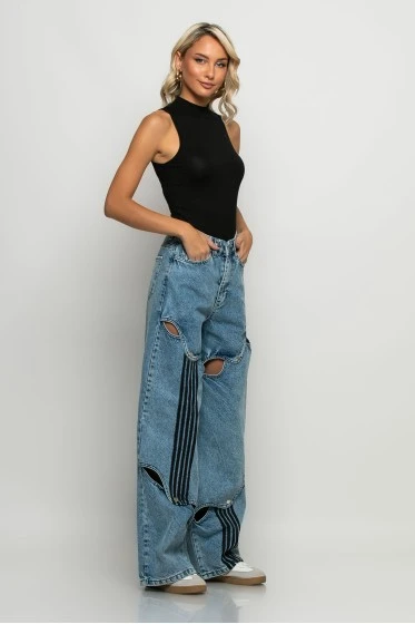 Jean loose fit wide leg με ανοίγματα μπλε