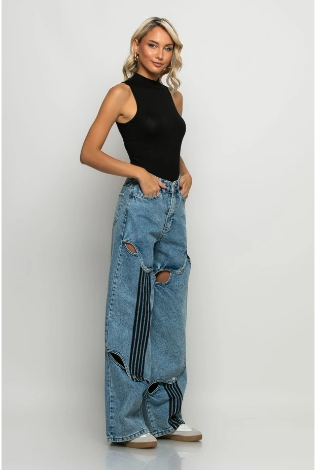 Jean loose fit wide leg με ανοίγματα μπλε