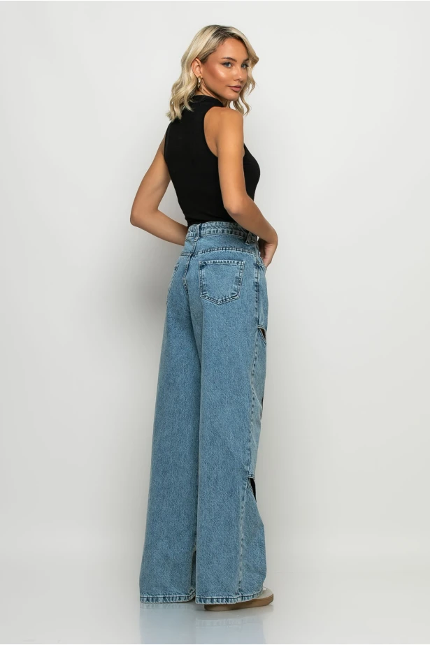 Jean loose fit wide leg με ανοίγματα μπλε Jean loose fit wide leg με ανοίγματα μπλε