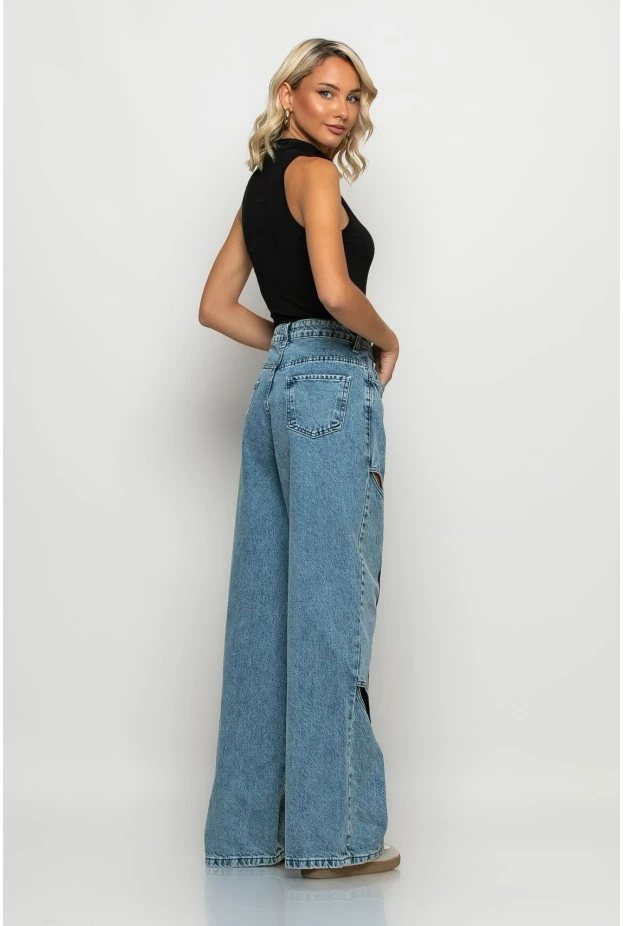 Jean loose fit wide leg με ανοίγματα μπλε