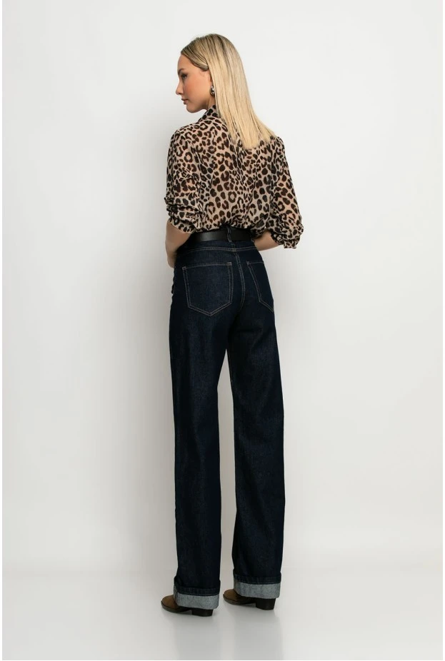 Jean wide leg με ρεβέρ μπλε ντένιμ