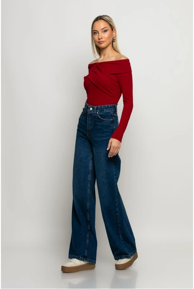 Jean mom fit wide leg μπλε σκούρο