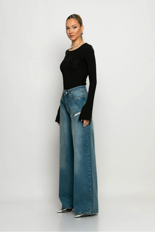 Jean wide leg loose fit με φερμουάρ στα πλαϊνα μπλε Jean wide leg loose fit με φερμουάρ στα πλαϊνα μπλε