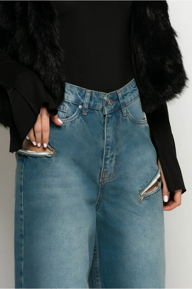 Jean wide leg loose fit με φερμουάρ στα πλαϊνα μπλε Jean wide leg loose fit με φερμουάρ στα πλαϊνα μπλε