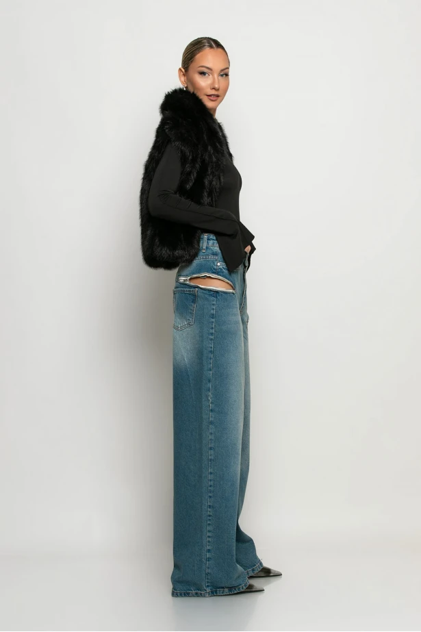 Jean wide leg loose fit με φερμουάρ στα πλαϊνα μπλε Jean wide leg loose fit με φερμουάρ στα πλαϊνα μπλε