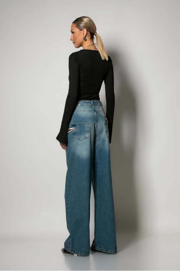 Jean wide leg loose fit με φερμουάρ στα πλαϊνα μπλε Jean wide leg loose fit με φερμουάρ στα πλαϊνα μπλε