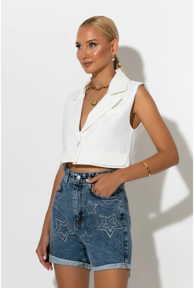Jean σορτς με ρεβέρ και star strass μπλε