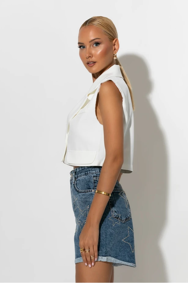 Jean σορτς με ρεβέρ και star strass μπλε Jean σορτς με ρεβέρ και star strass μπλε