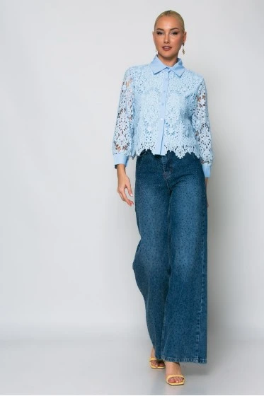 Jean wide leg με στρας μπλε