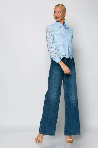 Jean wide leg με στρας μπλε