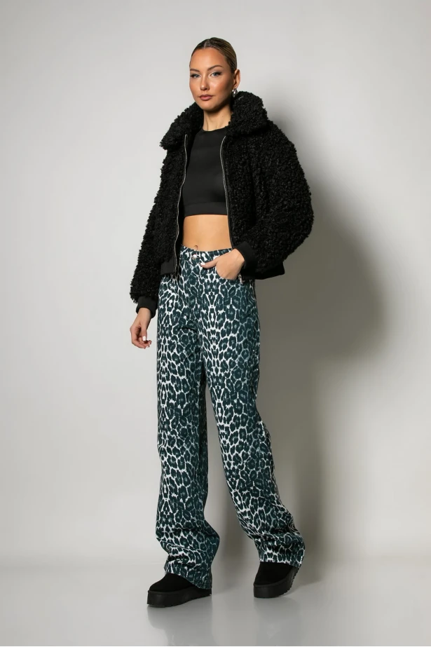 Jean wide leg leopard print μαύρο Jean wide leg leopard print μαύρο