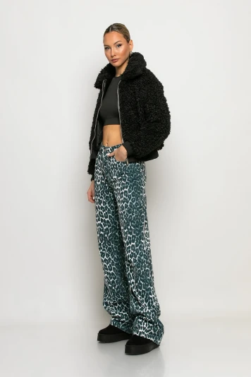 Jean wide leg leopard print μαύρο