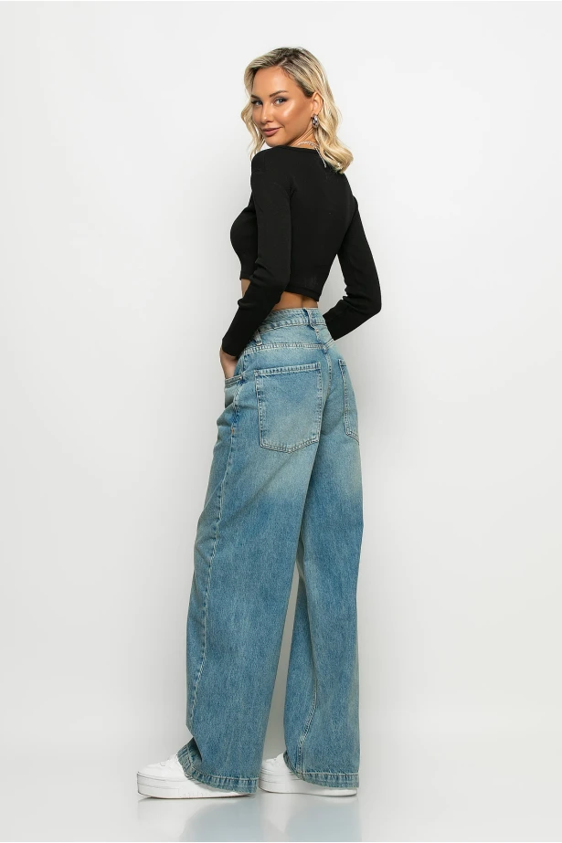 Jean wide leg με μεγάλες τσέπες μπλε Jean wide leg με μεγάλες τσέπες μπλε