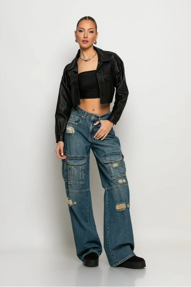 Cargo loose fit jean με φθορές μπλε Cargo loose fit jean με φθορές μπλε