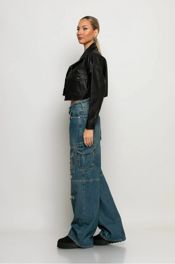 Cargo loose fit jean με φθορές μπλε Cargo loose fit jean με φθορές μπλε