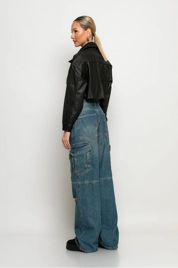 Cargo loose fit jean με φθορές μπλε Cargo loose fit jean με φθορές μπλε