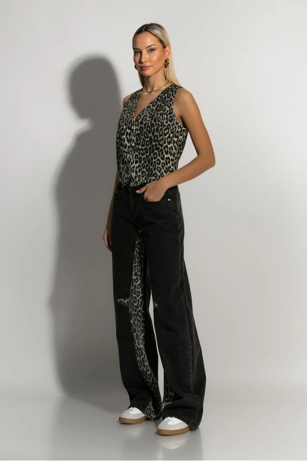 Jean wide leg με λεπτομέρεια λεοπάρ μαύρο Jean wide leg με λεπτομέρεια λεοπάρ μαύρο