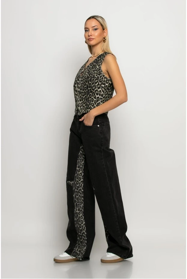 Jean wide leg με λεπτομέρεια λεοπάρ μαύρο