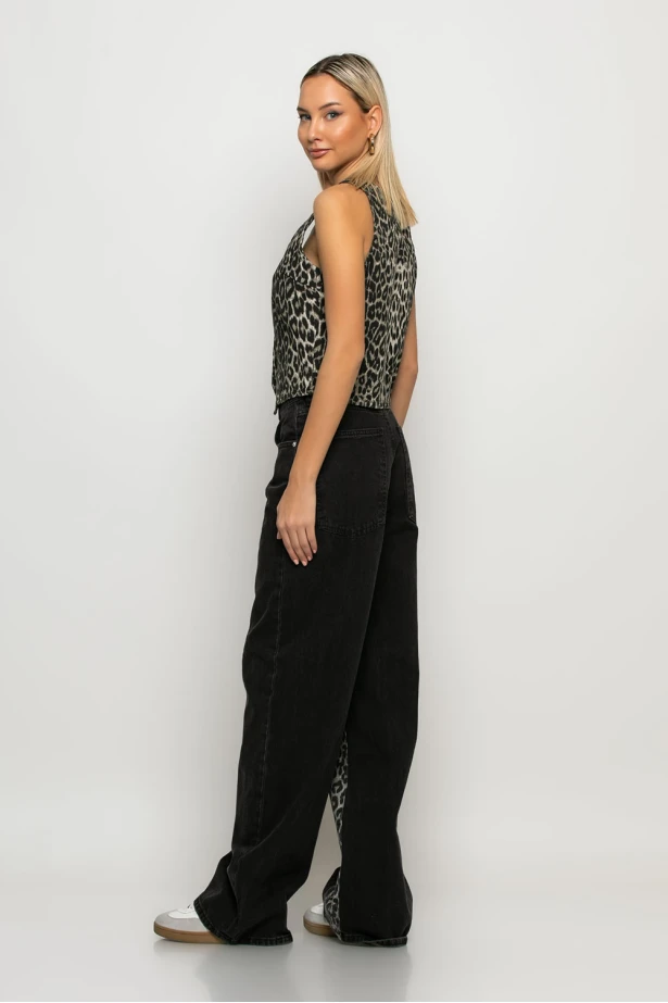 Jean wide leg με λεπτομέρεια λεοπάρ μαύρο Jean wide leg με λεπτομέρεια λεοπάρ μαύρο