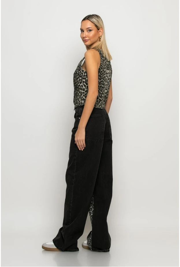 Jean wide leg με λεπτομέρεια λεοπάρ μαύρο