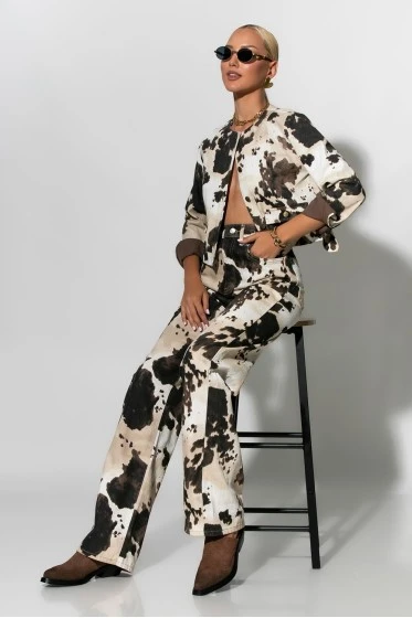 Jean wide leg cow print μπεζ