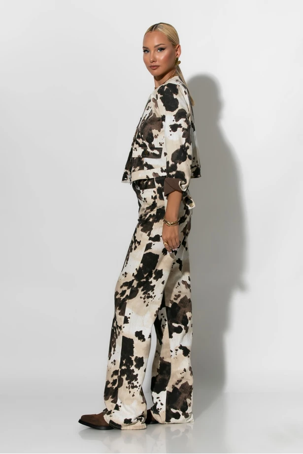 Jean wide leg cow print μπεζ