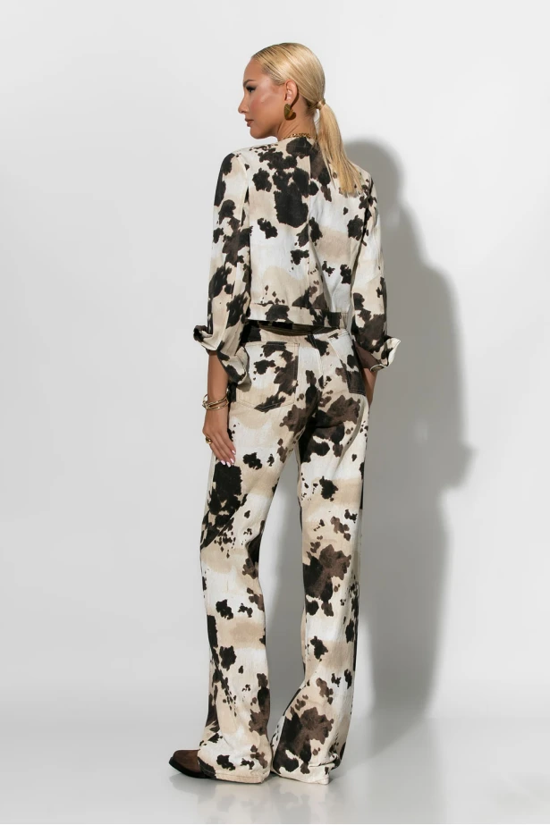 Jean wide leg cow print μπεζ