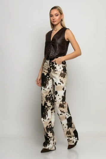 Jean wide leg cow print μπεζ