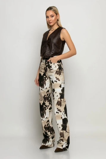 Jean wide leg cow print μπεζ
