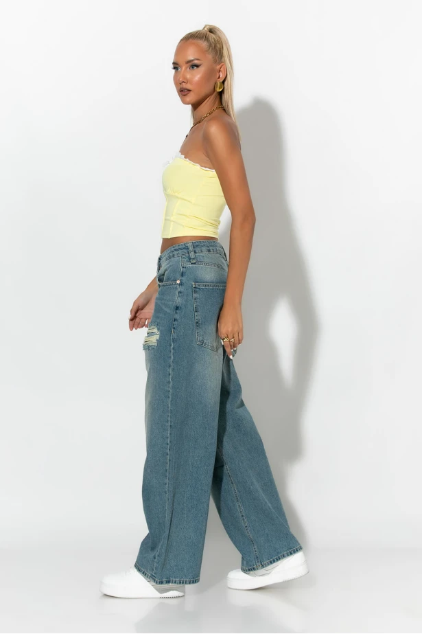 jean loose fit με φθορά μπλε 