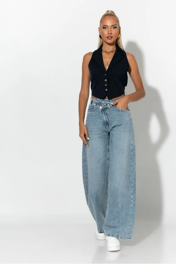 jean wide leg με ασύμμετρο κούμπωμα μπλε ανοιχτό