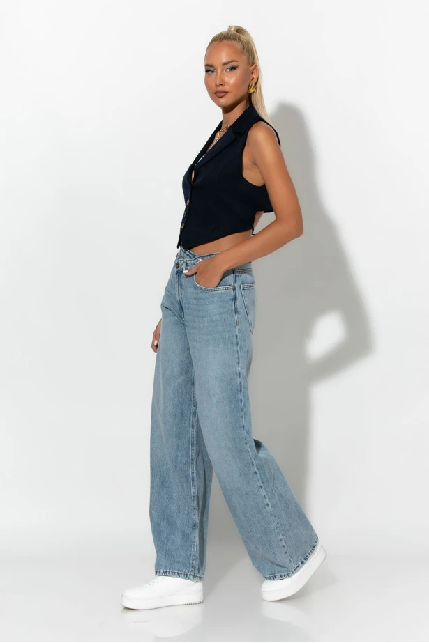 jean wide leg με ασύμμετρο κούμπωμα μπλε ανοιχτό