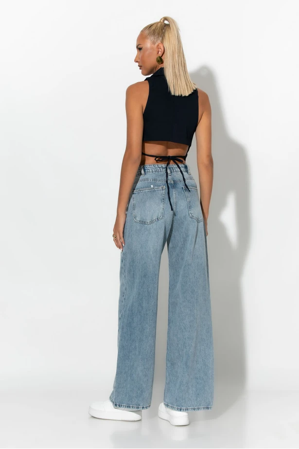 jean wide leg με ασύμμετρο κούμπωμα μπλε ανοιχτό