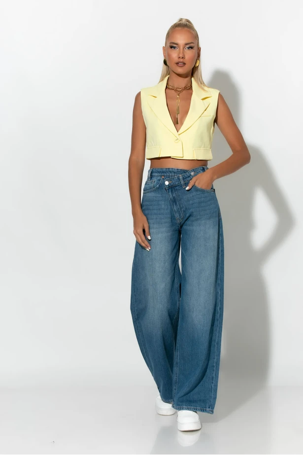 jean wide leg με ασύμμετρο κούμπωμα μπλε σκούρο