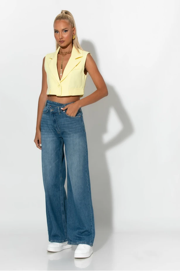 jean wide leg με ασύμμετρο κούμπωμα μπλε σκούρο