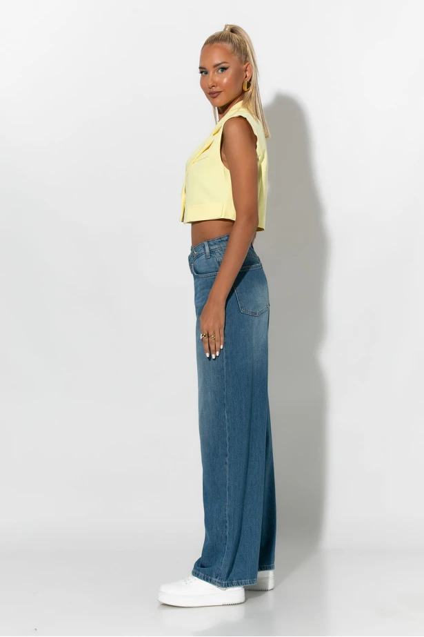 jean wide leg με ασύμμετρο κούμπωμα μπλε σκούρο