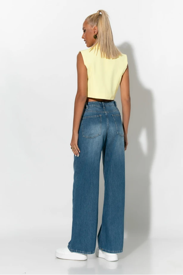 jean wide leg με ασύμμετρο κούμπωμα μπλε σκούρο