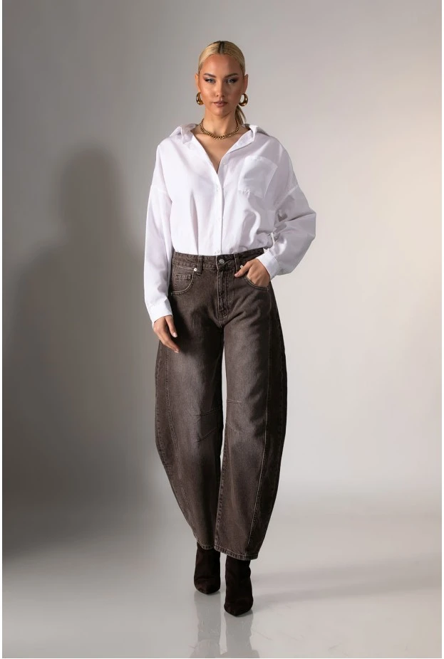 Jean baggy barrel με ραφές καφέ