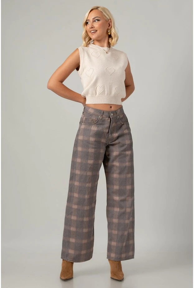 Jean wide leg καρό μπεζ