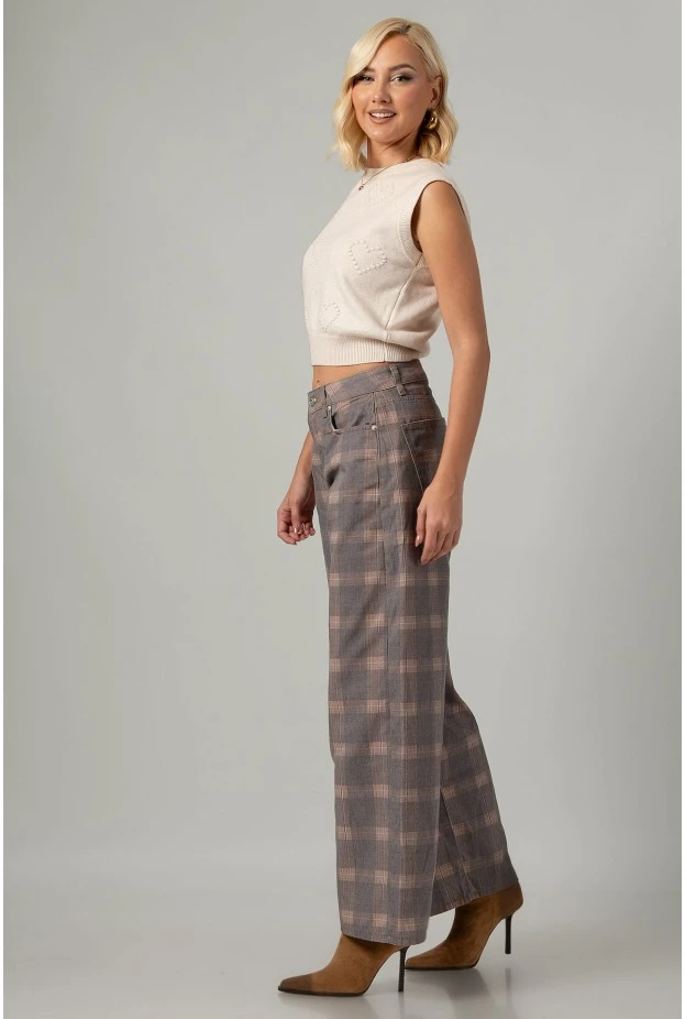 Jean wide leg καρό μπεζ