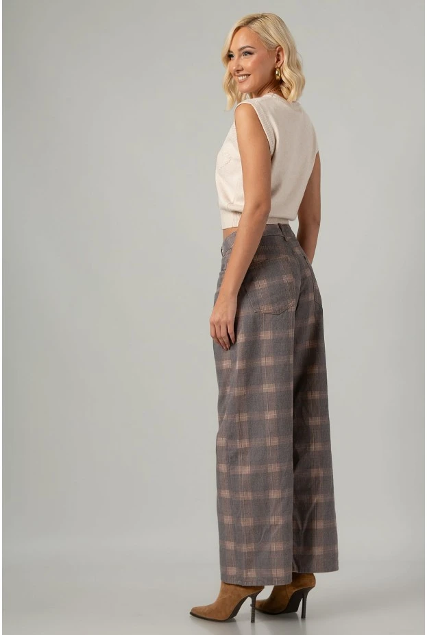 Jean wide leg καρό μπεζ