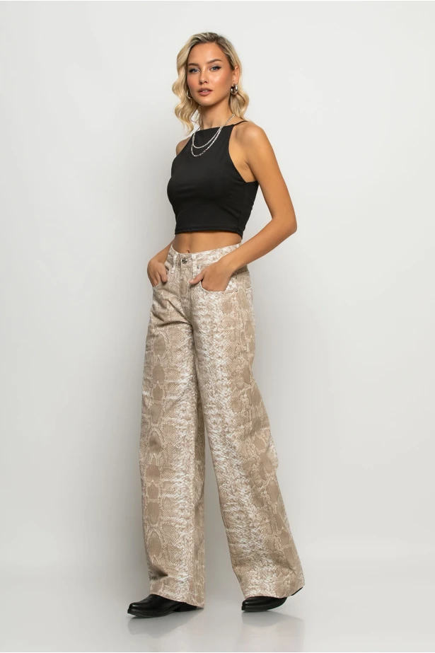 Jean wide leg snake print μπεζ Jean wide leg snake print μπεζ